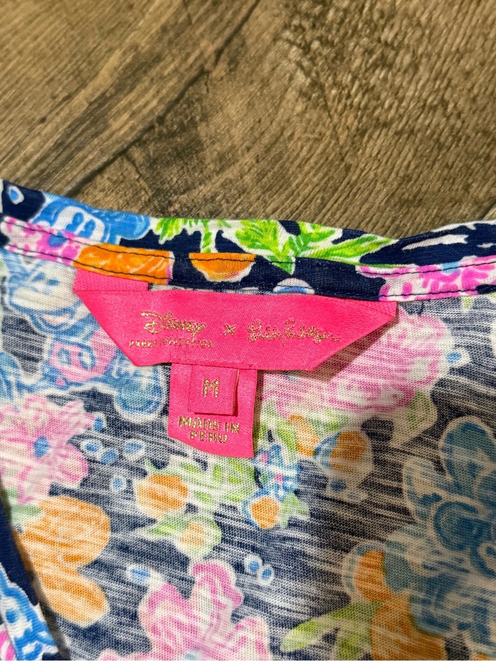 Lilly Pulitzer Navy V-Neck Floral Tropical Print Tee with Pink, Green & Orange - Picture 2 of 3
